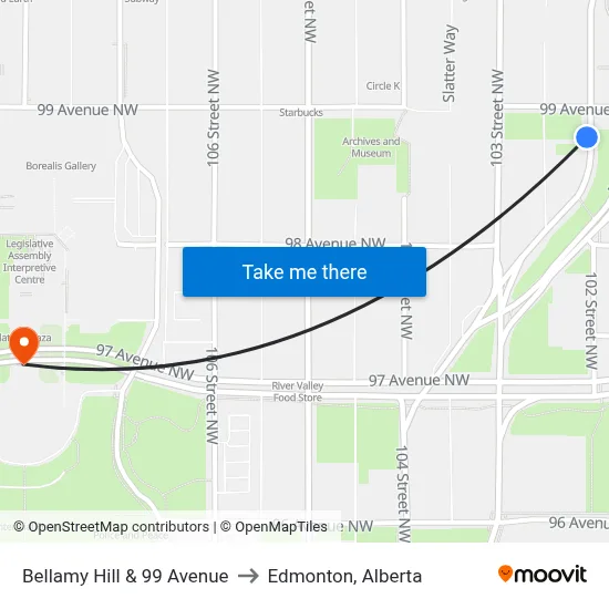 Bellamy Hill & 99 Avenue to Edmonton, Alberta map