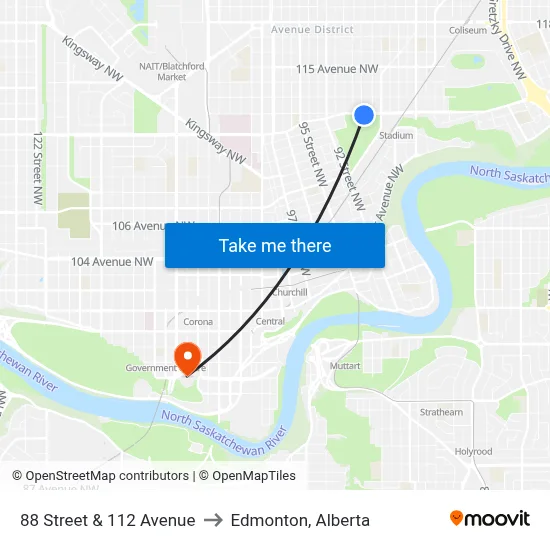 88 Street & 112 Avenue to Edmonton, Alberta map