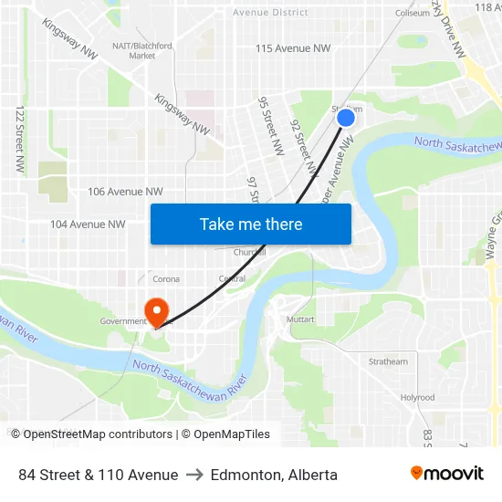 84 Street & 110 Avenue to Edmonton, Alberta map