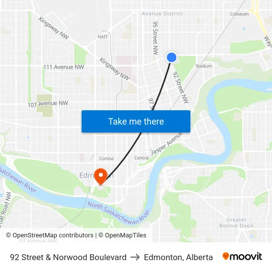 92 Street & Norwood Boulevard to Edmonton, Alberta map