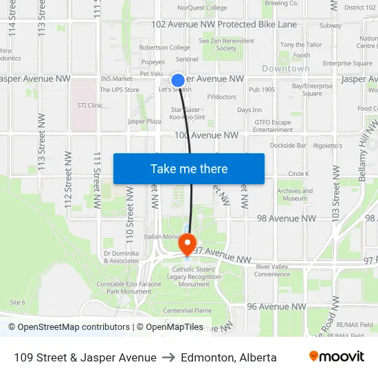109 Street & Jasper Avenue to Edmonton, Alberta map
