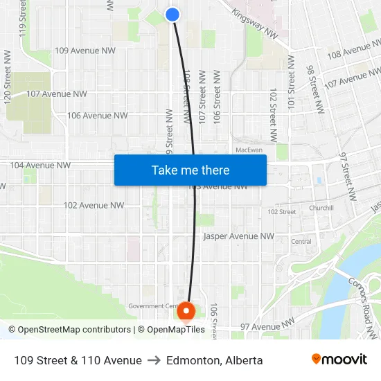 109 Street & 110 Avenue to Edmonton, Alberta map