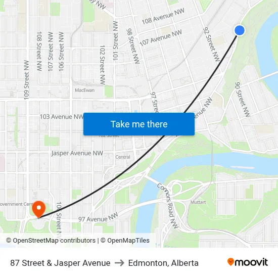 87 Street & Jasper Avenue to Edmonton, Alberta map