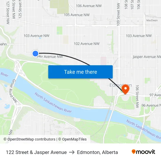 122 Street & Jasper Avenue to Edmonton, Alberta map
