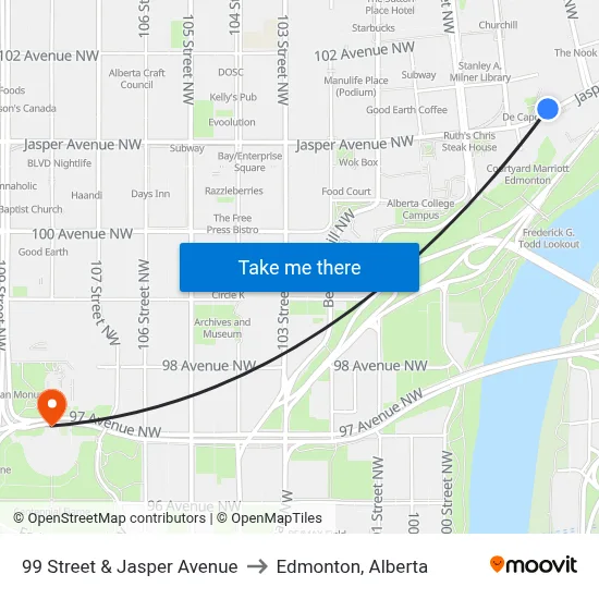 99 Street & Jasper Avenue to Edmonton, Alberta map