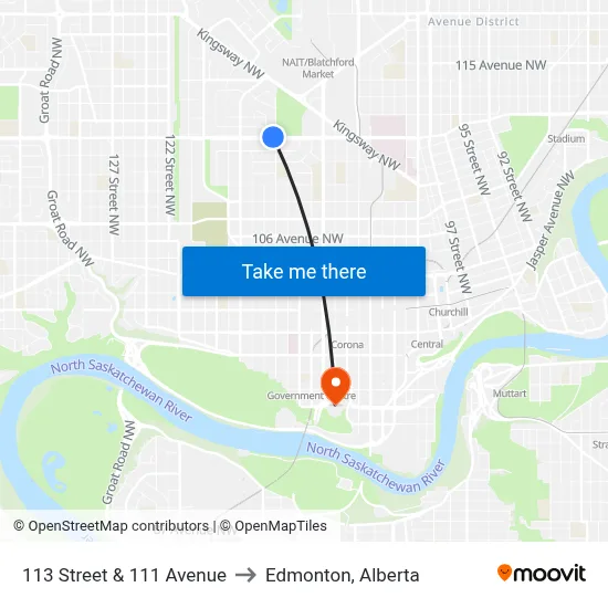 113 Street & 111 Avenue to Edmonton, Alberta map