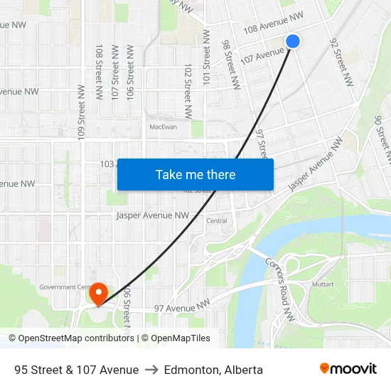 95 Street & 107 Avenue to Edmonton, Alberta map
