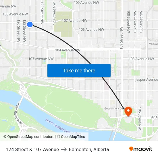 124 Street & 107 Avenue to Edmonton, Alberta map