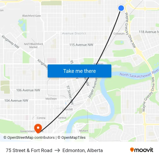 75 Street & Fort Road to Edmonton, Alberta map