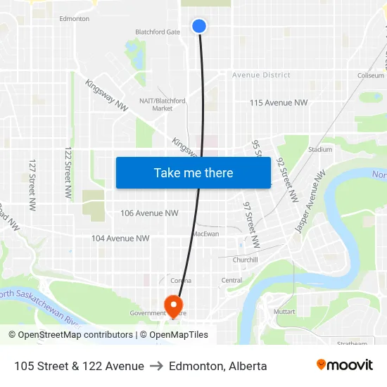 105 Street & 122 Avenue to Edmonton, Alberta map