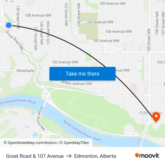Groat Road & 107 Avenue to Edmonton, Alberta map