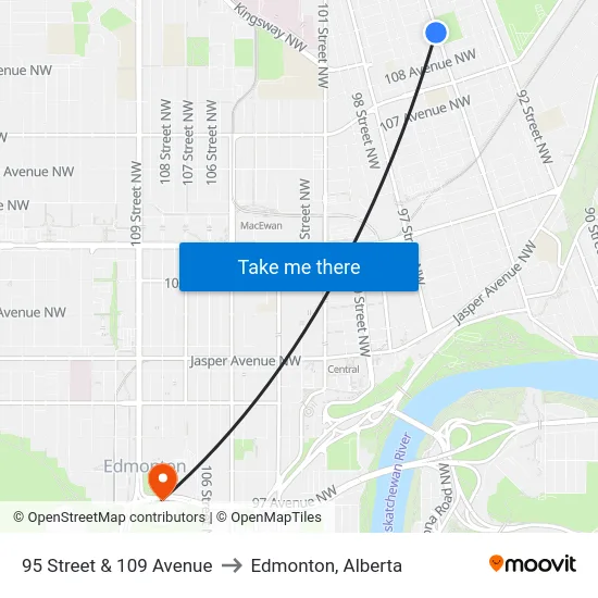 95 Street & 109 Avenue to Edmonton, Alberta map