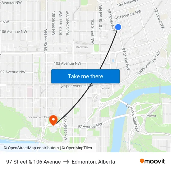 97 Street & 106 Avenue to Edmonton, Alberta map