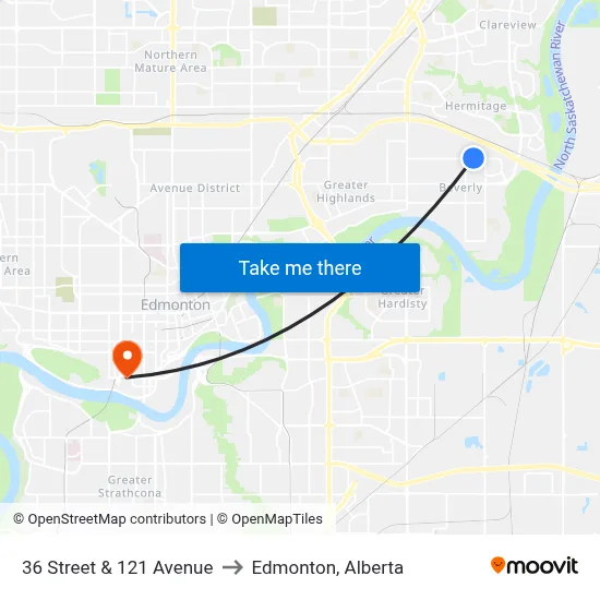 36 Street & 121 Avenue to Edmonton, Alberta map