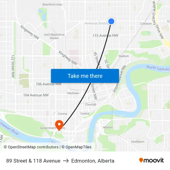 89 Street & 118 Avenue to Edmonton, Alberta map