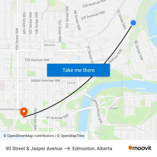 90 Street & Jasper Avenue to Edmonton, Alberta map