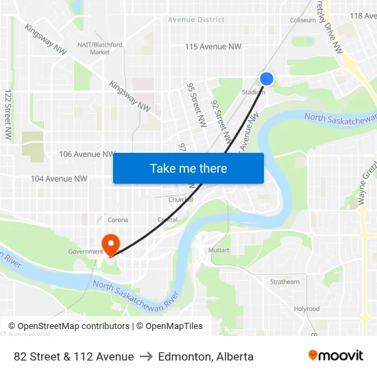 82 Street & 112 Avenue to Edmonton, Alberta map