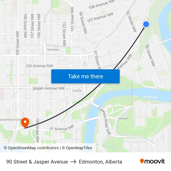 90 Street & Jasper Avenue to Edmonton, Alberta map