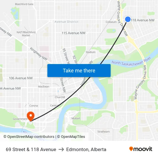 69 Street & 118 Avenue to Edmonton, Alberta map