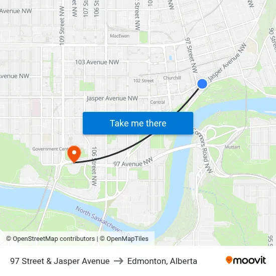 97 Street & Jasper Avenue to Edmonton, Alberta map