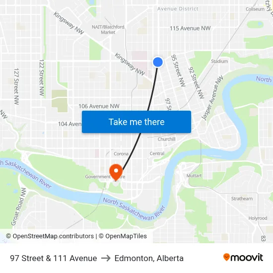 97 Street & 111 Avenue to Edmonton, Alberta map