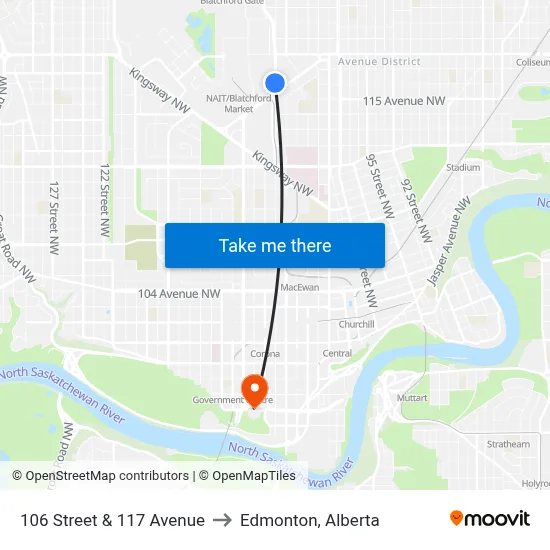 106 Street & 117 Avenue to Edmonton, Alberta map