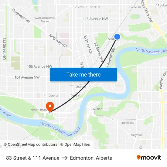 83 Street & 111 Avenue to Edmonton, Alberta map