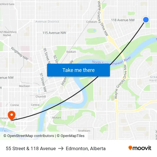 55 Street & 118 Avenue to Edmonton, Alberta map
