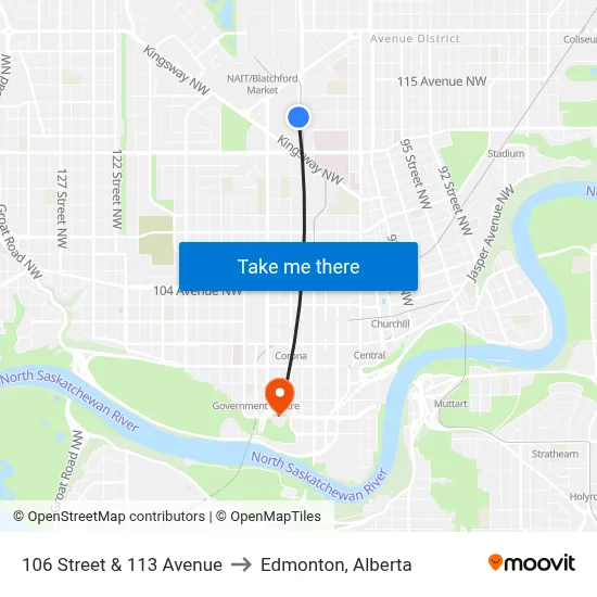 106 Street & 113 Avenue to Edmonton, Alberta map