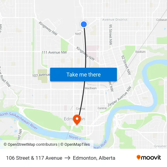 106 Street & 117 Avenue to Edmonton, Alberta map