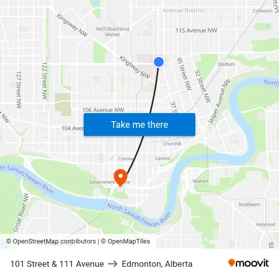 101 Street & 111 Avenue to Edmonton, Alberta map