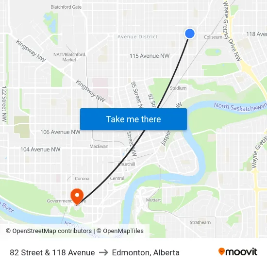 82 Street & 118 Avenue to Edmonton, Alberta map