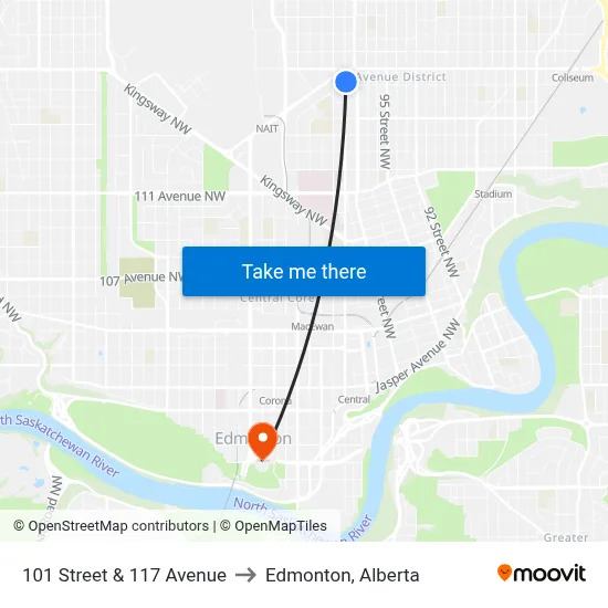 101 Street & 117 Avenue to Edmonton, Alberta map