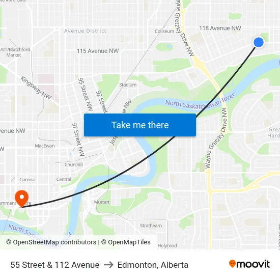 55 Street & 112 Avenue to Edmonton, Alberta map