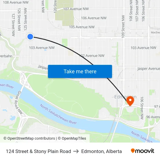 124 Street & Stony Plain Road to Edmonton, Alberta map