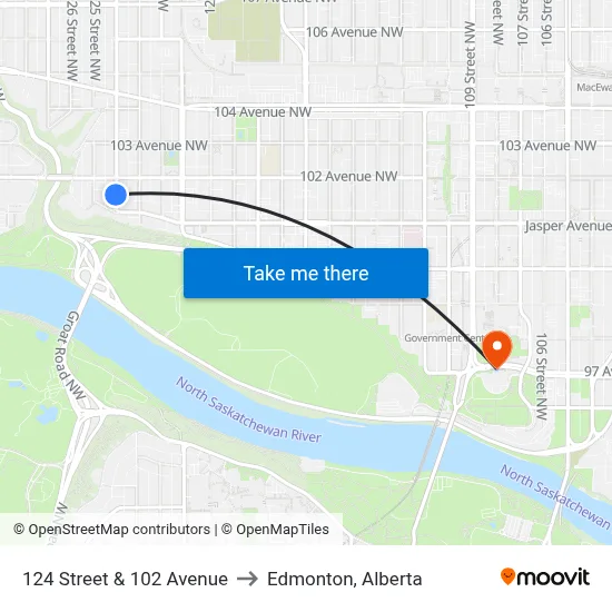 124 Street & 102 Avenue to Edmonton, Alberta map