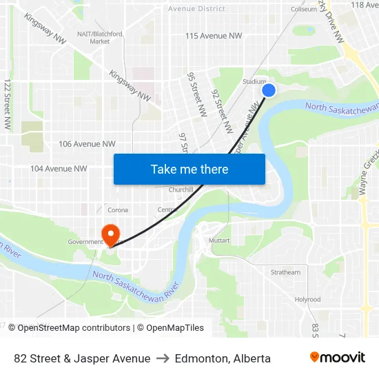 82 Street & Jasper Avenue to Edmonton, Alberta map