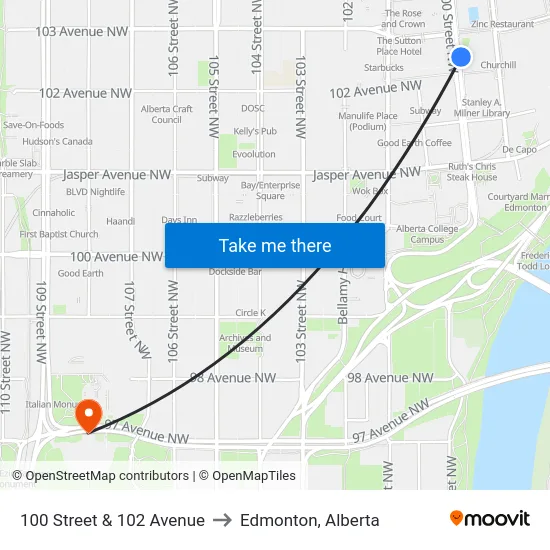 100 Street & 102 Avenue to Edmonton, Alberta map
