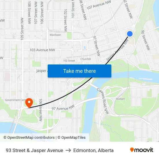 93 Street & Jasper Avenue to Edmonton, Alberta map