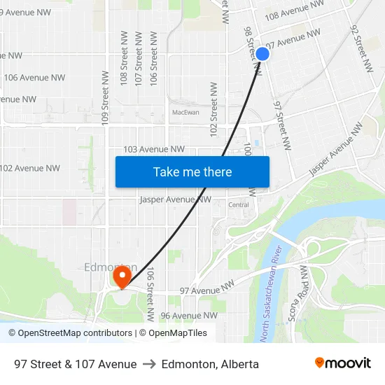 97 Street & 107 Avenue to Edmonton, Alberta map