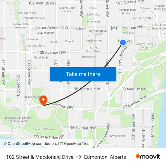 102 Street & Macdonald Drive to Edmonton, Alberta map