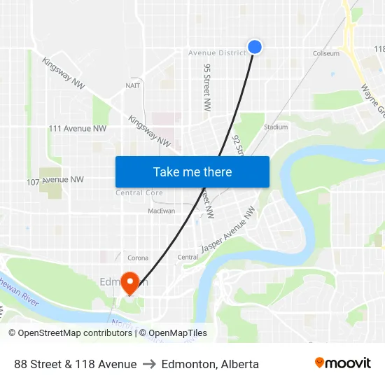 88 Street & 118 Avenue to Edmonton, Alberta map