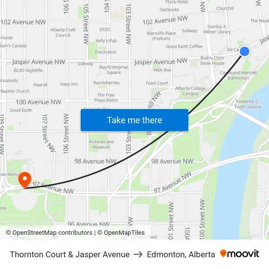 Thornton Court & Jasper Avenue to Edmonton, Alberta map