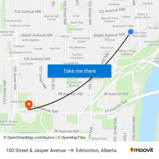 100 Street & Jasper Avenue to Edmonton, Alberta map