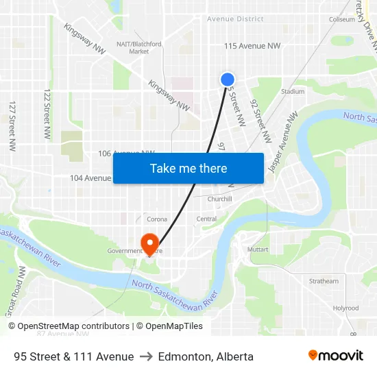 95 Street & 111 Avenue to Edmonton, Alberta map
