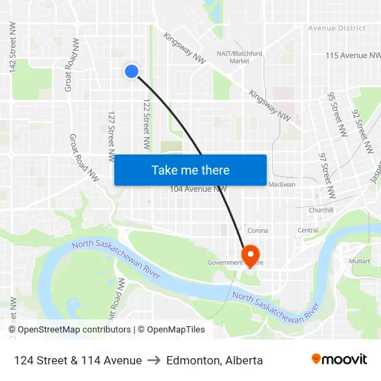 124 Street & 114 Avenue to Edmonton, Alberta map