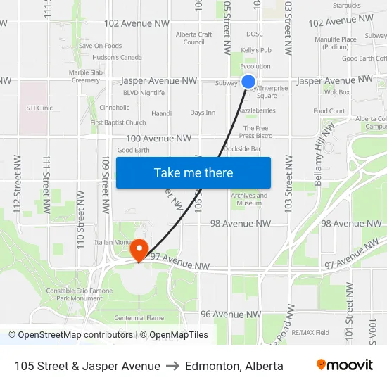 105 Street & Jasper Avenue to Edmonton, Alberta map