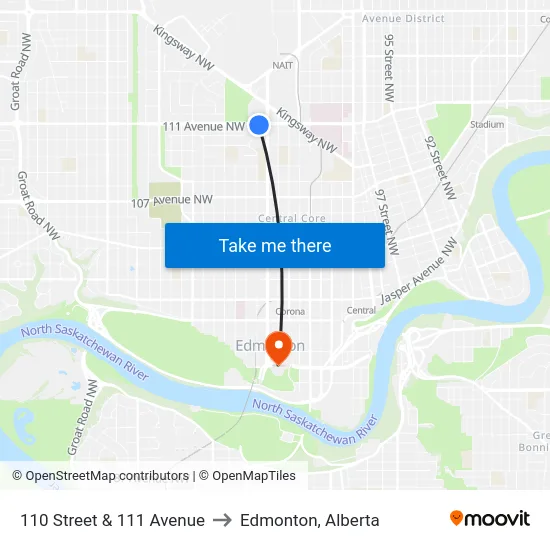 110 Street & 111 Avenue to Edmonton, Alberta map