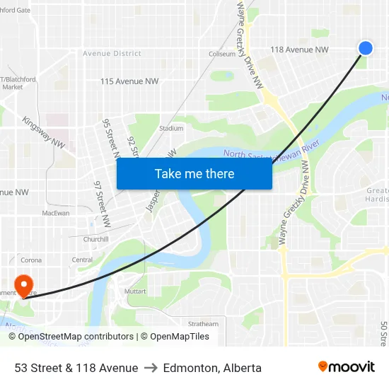 53 Street & 118 Avenue to Edmonton, Alberta map