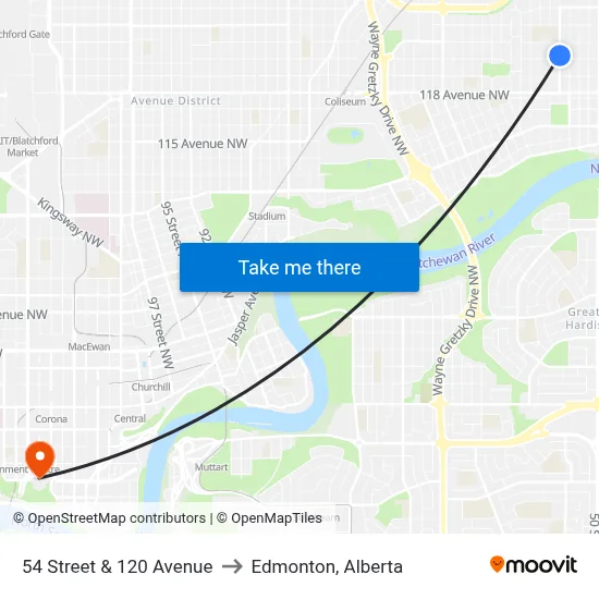 54 Street & 120 Avenue to Edmonton, Alberta map